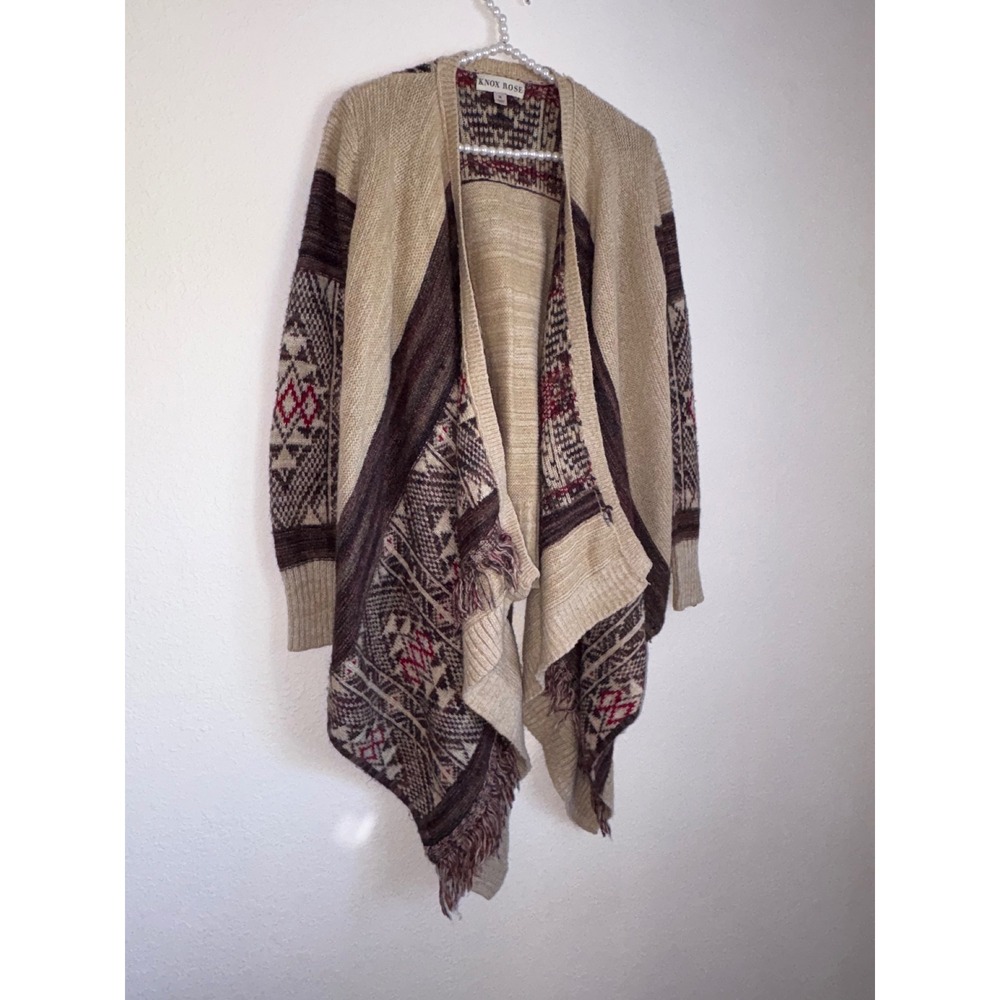 Knox Rose Women's Beige Southwestern Tribal Fringe Cardigan Sweater - Picture 6 of 9